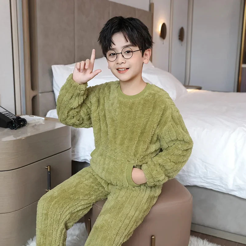 Autumn Winter Warm Flannel Pajamas For Boys Long Sleeve Home Clothes Fleece-lined Thickened Loose-fit Pyjamas Set sports wear boys