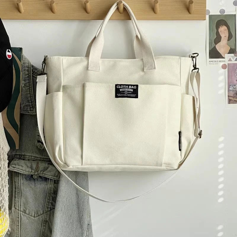 Urban Minimalist Female Student Large Capacity Commuting Horizontal Canvas Single Shoulder Diagonal Cross Portable Tote Bags