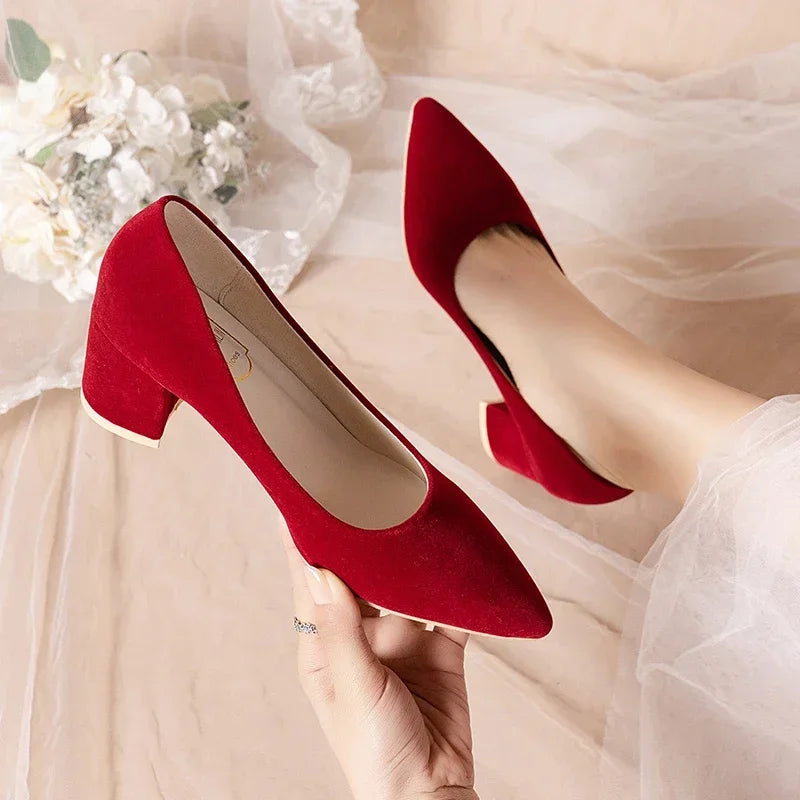 Red Wedding Shoes for Women  Spring/Summer/Autumn New Pointed Thick Heels Not Tiring Feet heel shoes