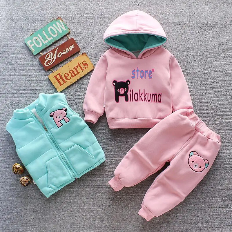 Autumn Winter Baby Boys Clothes Sets Thick Fleece Cartoon Bear Jacket Vest Pants 3Pcs Cotton Sport Suit For Girls Warm Outfits infants boys