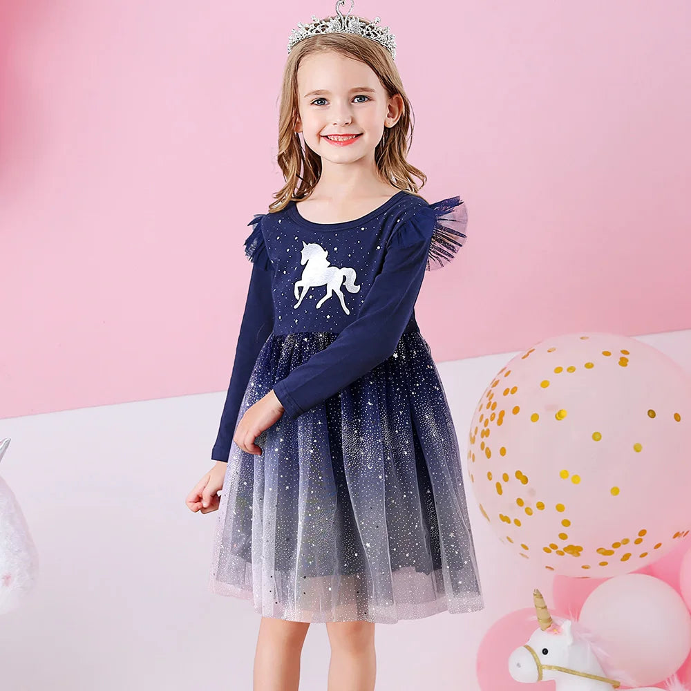 Kids Flare Sleeve Autumn Spring Dress Girls Licorne Cartoon Dress Kids Gradient Birthday Party Navy Princess Dresses girls dresses