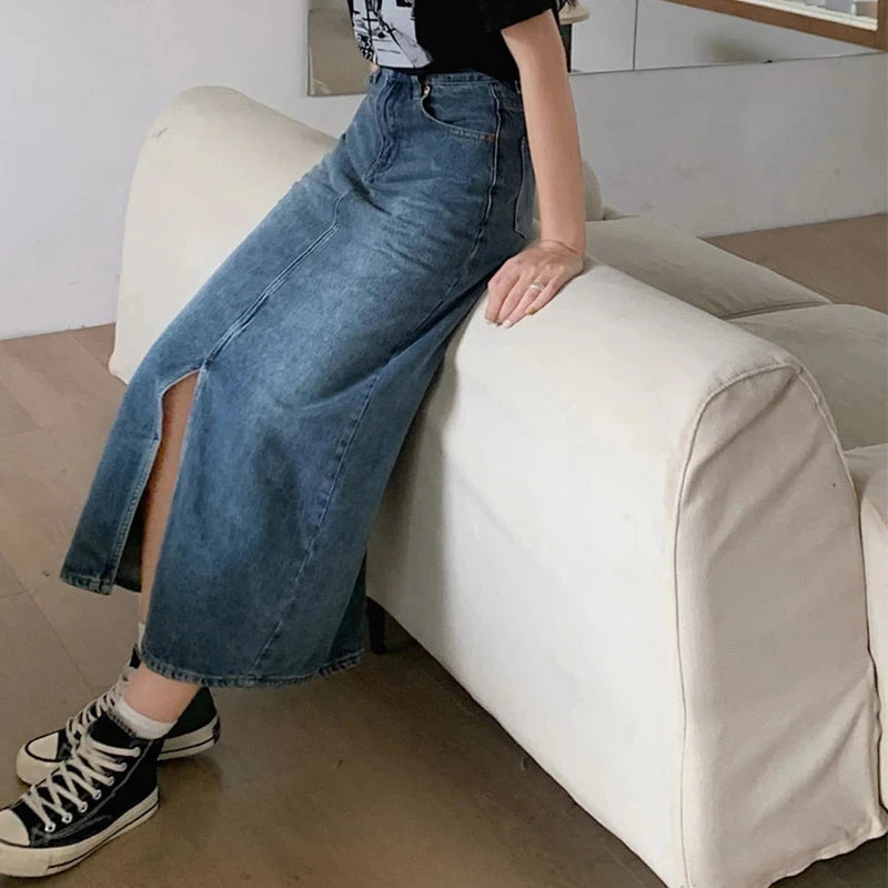 Women's Denim Wrap Skirts Retro High Waisted Split A-Line Denim Skirt Autumn Fashion Straight Skirt