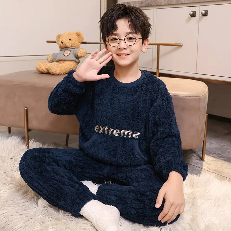 Autumn Winter Warm Flannel Pajamas For Boys Long Sleeve Home Clothes Fleece-lined Thickened Loose-fit Pyjamas Set sports wear boys