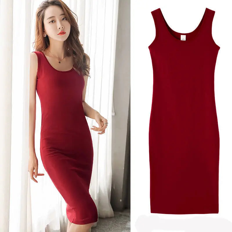 Summer Women Casual Sheath Dress Lady Sleeveless Tank Top Dress Long Slip Dress Plus Size Women Girl long  Dress