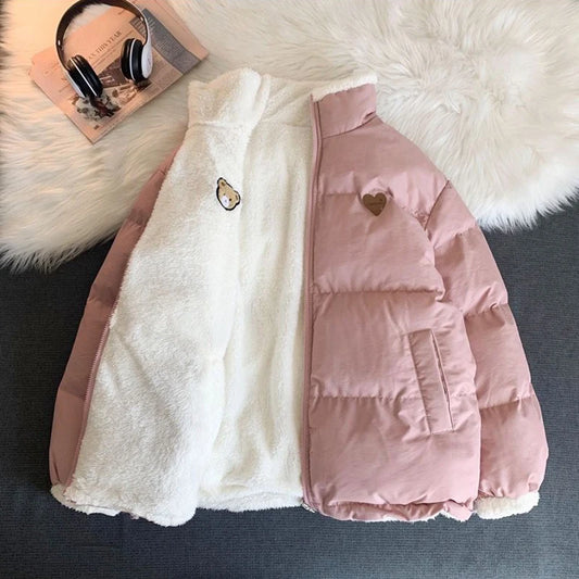 Carino ricamo parka cappotto donne inverno moda spesso sciolto caldo giacca design bifacciale rosa vestiti per studenti