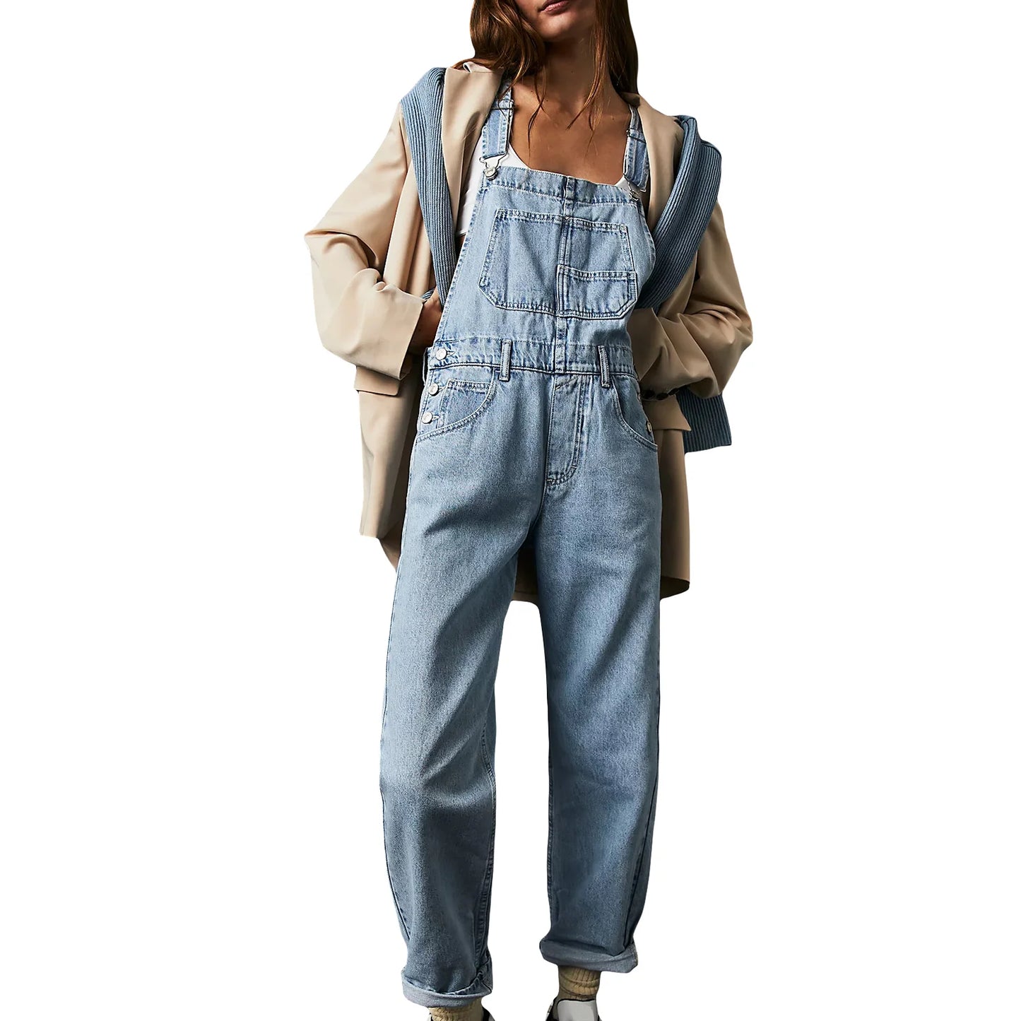 Washed Denim Overalls For Women, Internet Celebrity Style, Age-reducing, Loose Wide-leg Floor-length Trousers, jumpsuit