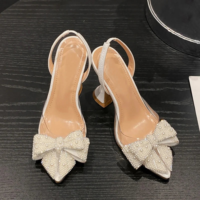 White Pearl Bowknot Women Pumps Sexy Pointed Toe High Heels Wedding Prom Shoe PVC Transparent heel shoes