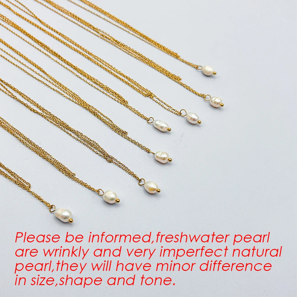 Minimalist Freshwater Pearl Necklace Women Girls 14K Gold Plated Stainless Steel Double Layer Necklace Wedding Jewelry  necklace