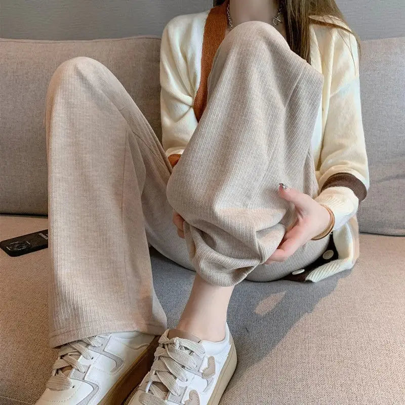 Autumn Winter Korean Fleece Women Thicken Pants Elastic Waist Stright Long Wide Leg Pants Fleece-lined Knitting Warm Trousers bottom