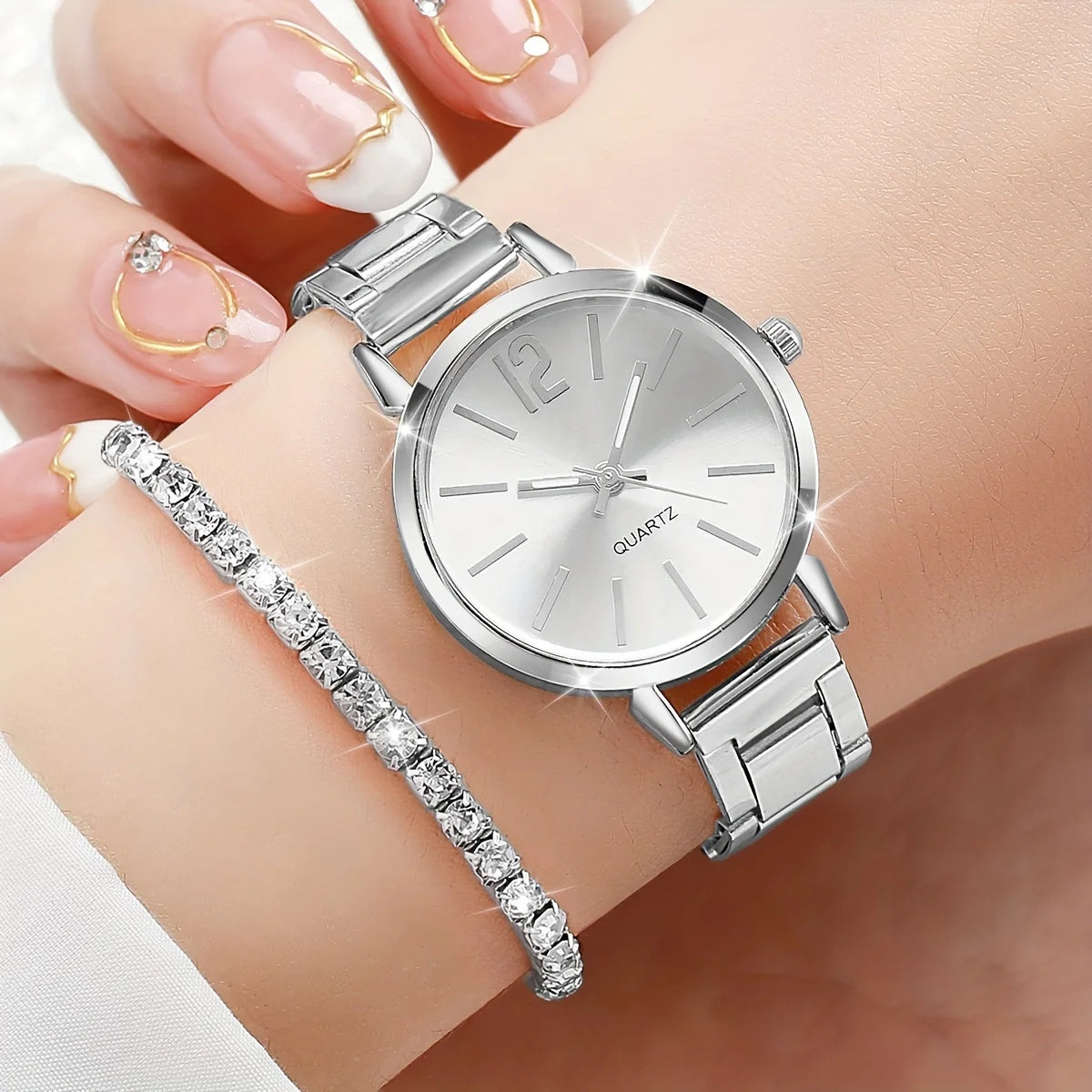 6PCS/Set Fashion Women's Quartz Watch Stainless Steel Band Wrist Watches Diamond Jewelry Set(Without Box) watch