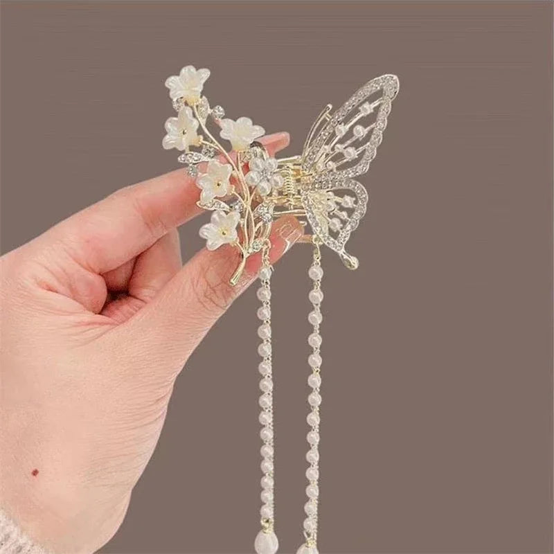 Hollow Butterfly Tassel Hairpin Korean Girl Rhinestone Ponytail Hair Grabber Elegant Pearl Hair Accessories for Women hairclips