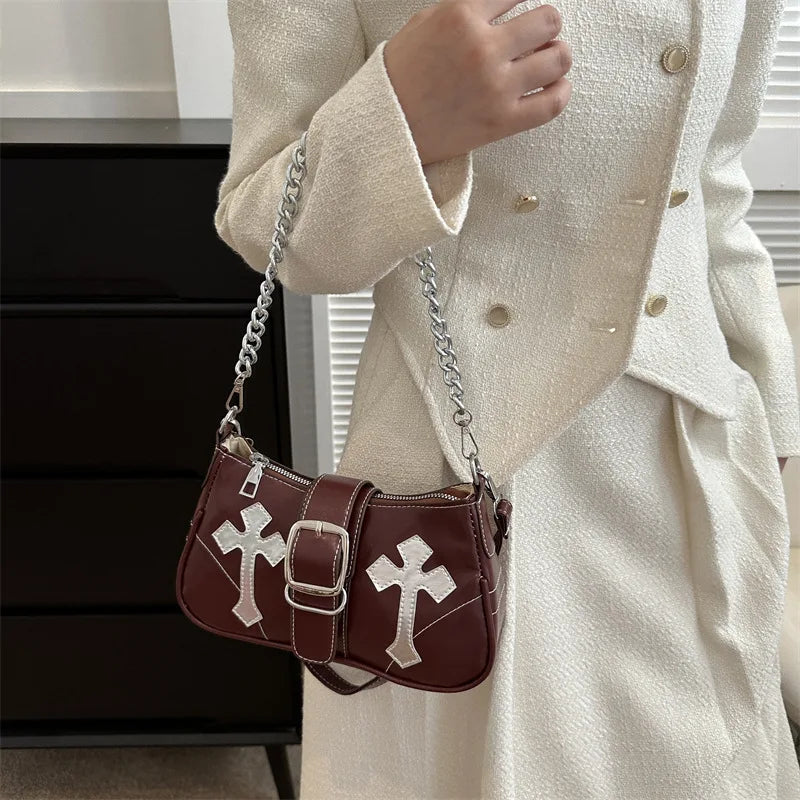 Cool Chain Y2k Girls Underarm Bags Simple Pu Leather Women's Small Shoulder Bag Fashion Retro Female Clutch Handbags Purse bags