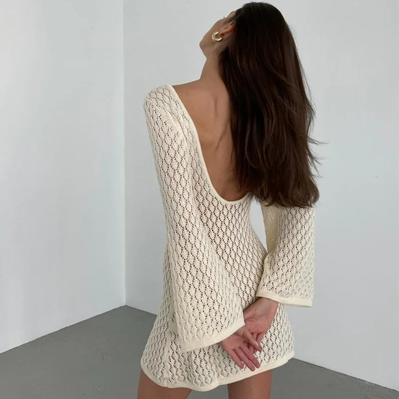 Women Long Knit Dress Hollow Out Deep V-Neck Long Sleeve Bikin Fashion Cover Up Beach Club Sexy Elegant See Through Dresses New long dress party dress