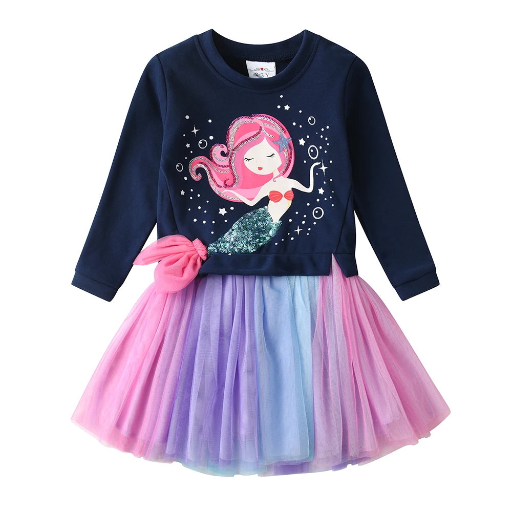 DXTON Children Sweater Dress For Girls Mermaid Patchwork Princess Tutu Dress Toddler Winter Clothing Cartoon Casual Girls dresses