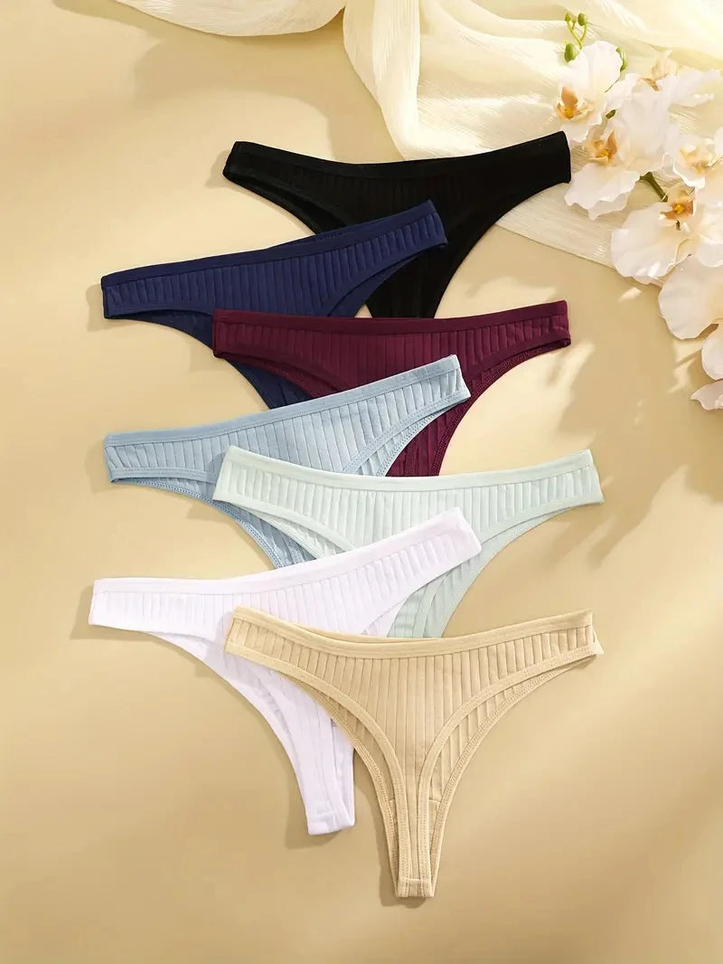 6Pcs/Set Women Cotton Thongs Panties Female Ribbed Low Rise G-String Ladies Sexy Bikini 7 Solid Color Girl Soft S-XL Intimates