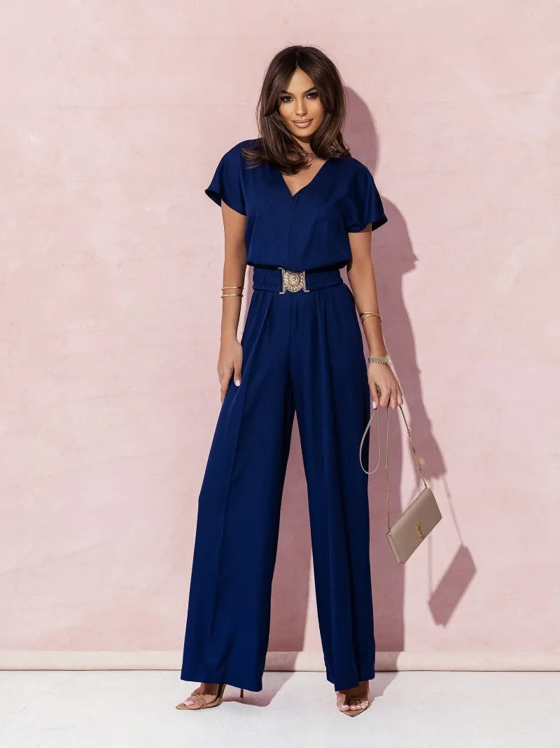 Women's Spring&Summer S-2XL size Women's Fashion V-neck Short Sleeve Jumpsuit Ladies Casual Belt Solid Color Jumpsuit