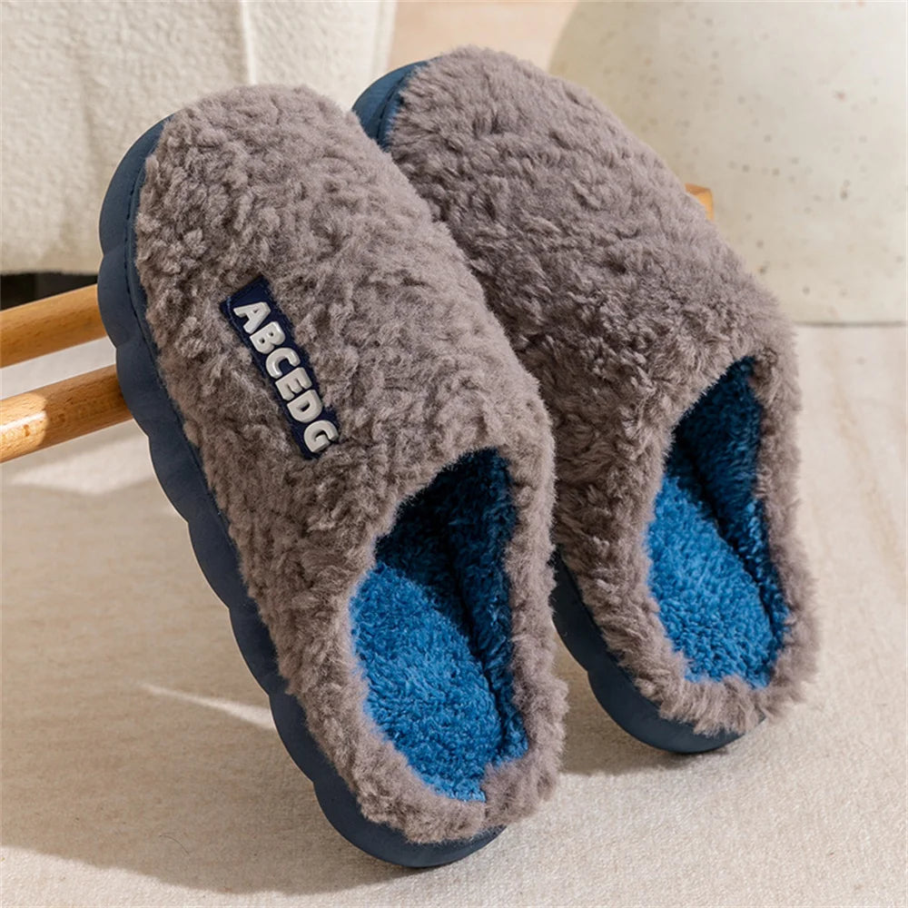 Women Winter Warm Home Slippers Thicken Indoor Boy Girl Floor Slides Plush High Heels Fur Cotton Shoes Ladies Couples Slipper