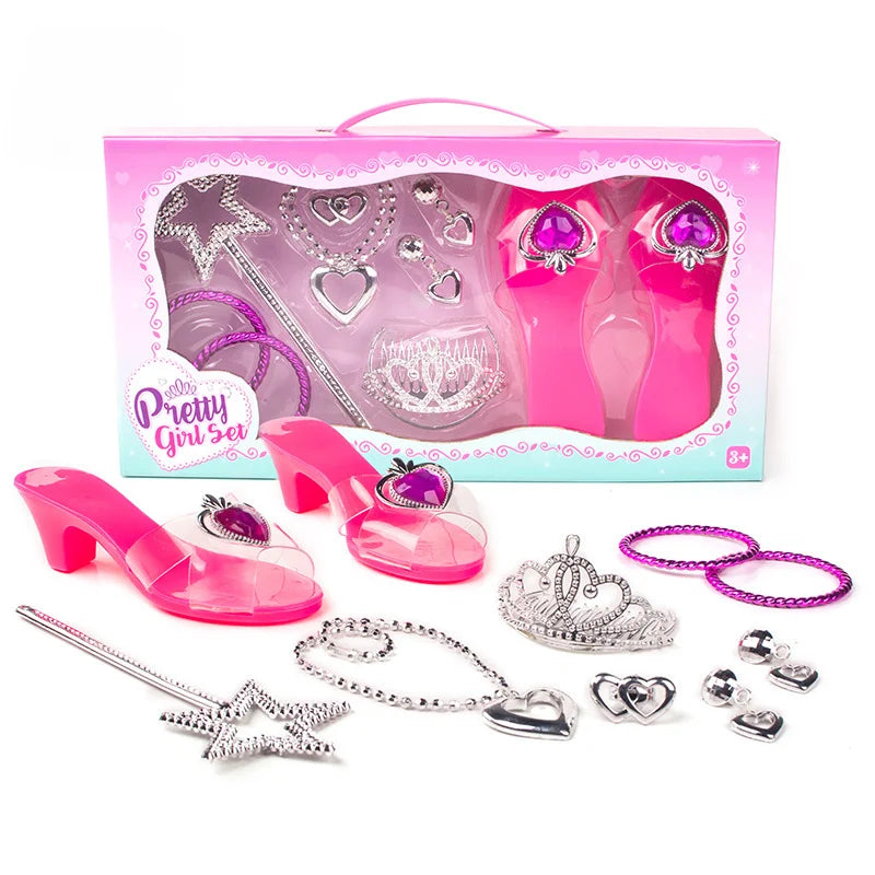 Girls Jewelry Toys Set Crystal Shoes Necklace Crown Earrings Bracelet Play Makeup Dress Up Princess Toys for Kids Role Play kids makeup