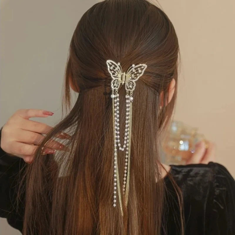 Hollow Butterfly Tassel Hairpin Korean Girl Rhinestone Ponytail Hair Grabber Elegant Pearl Hair Accessories for Women hairclips