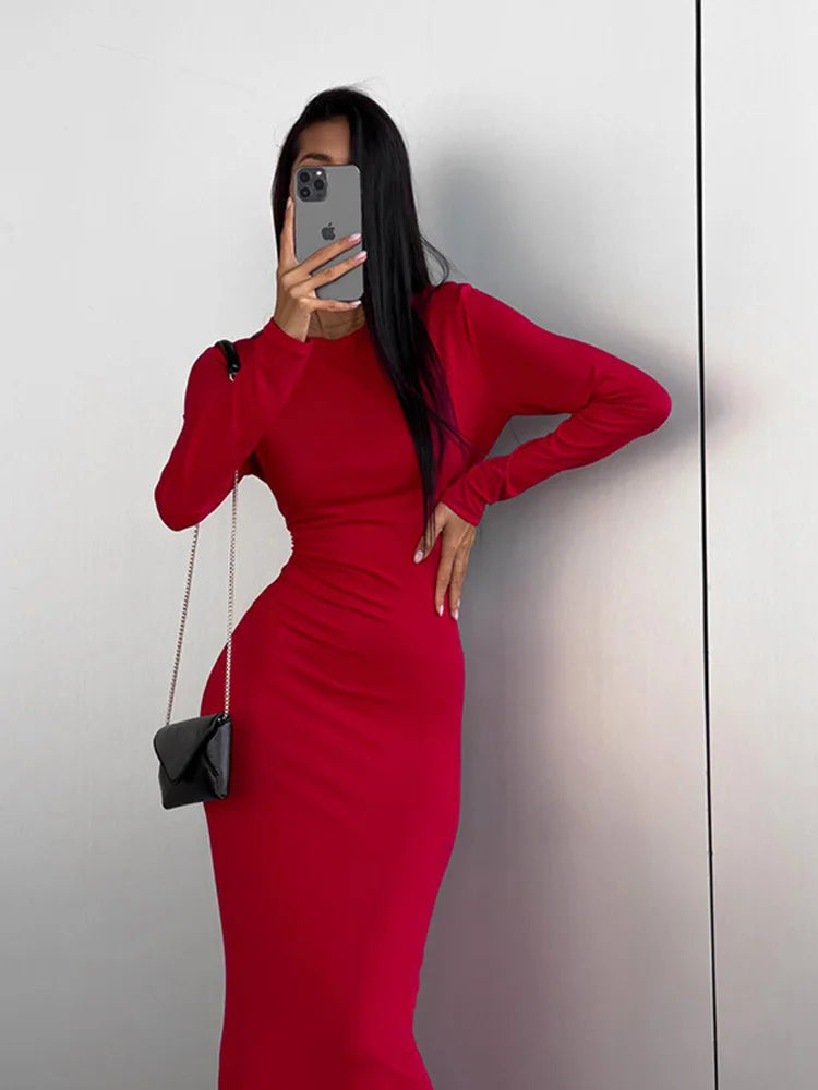 Party Dresses For Women Fashion Sexy Solid Full Sleeves O-Neck Split Bodycon Sheath Long Vestidos Robes Female Elegant Regular