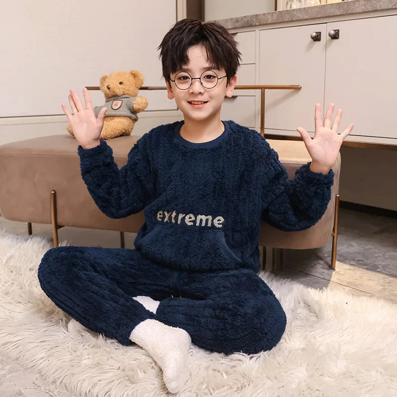 Autumn Winter Warm Flannel Pajamas For Boys Long Sleeve Home Clothes Fleece-lined Thickened Loose-fit Pyjamas Set sports wear boys