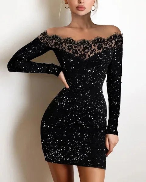 New Spring Women's Fashion, Elegance, Leisure, Sexy Long sleeved Lace Edge, One Shoulder Silver Powder Sprinkled  long Dress party dress