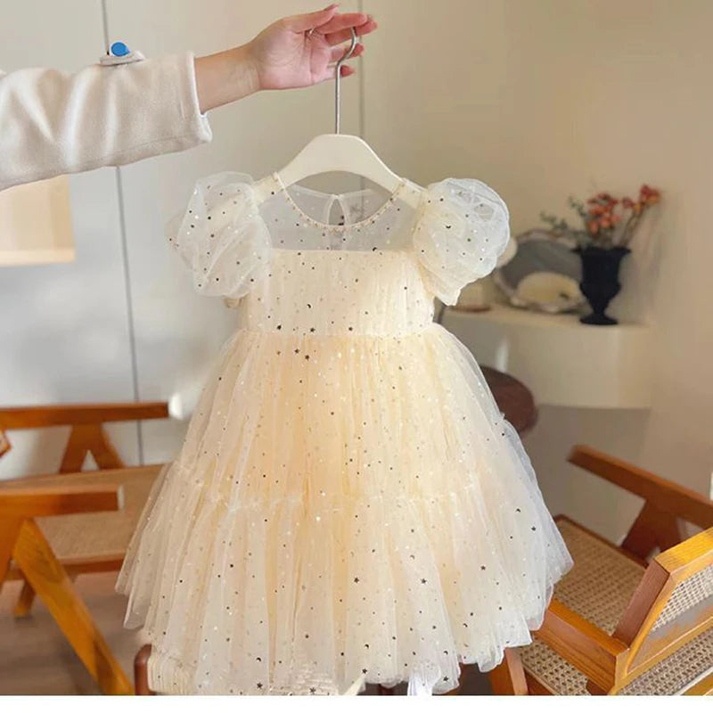 Summer Dresses Girls' Elegant Dress Girl Baby Bubble Sleeve Mesh Sequin Dress Temperament Princess Party Short Sleeve Dress girls dresses