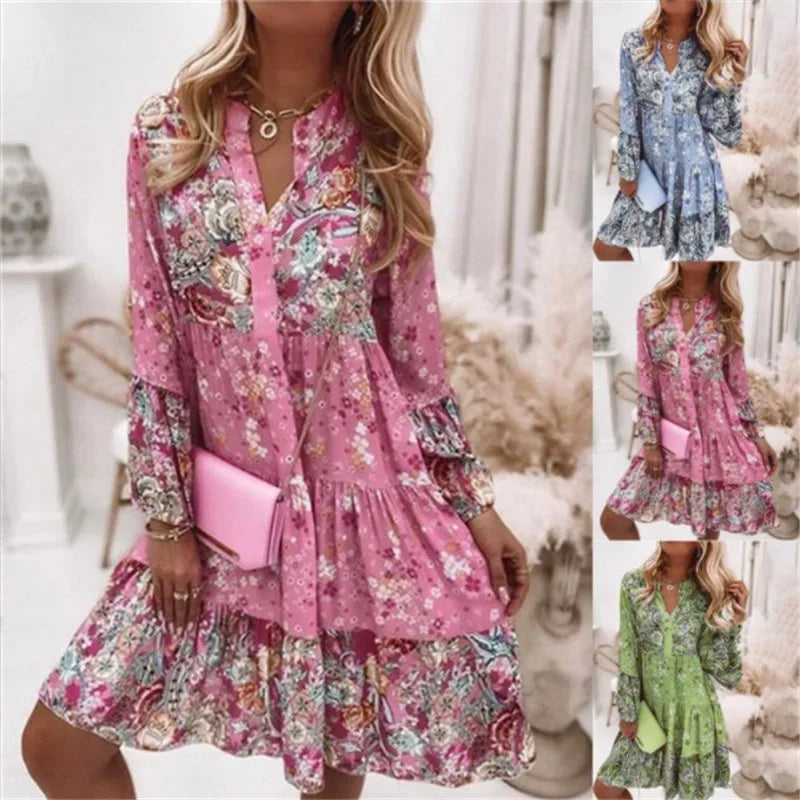 Abiti casual con stampa floreale per le donne, abito estivo primaverile boho con scollo a V, abito lungo con linea ad A, elegante abito da festa in spiaggia, abito lungo da donna