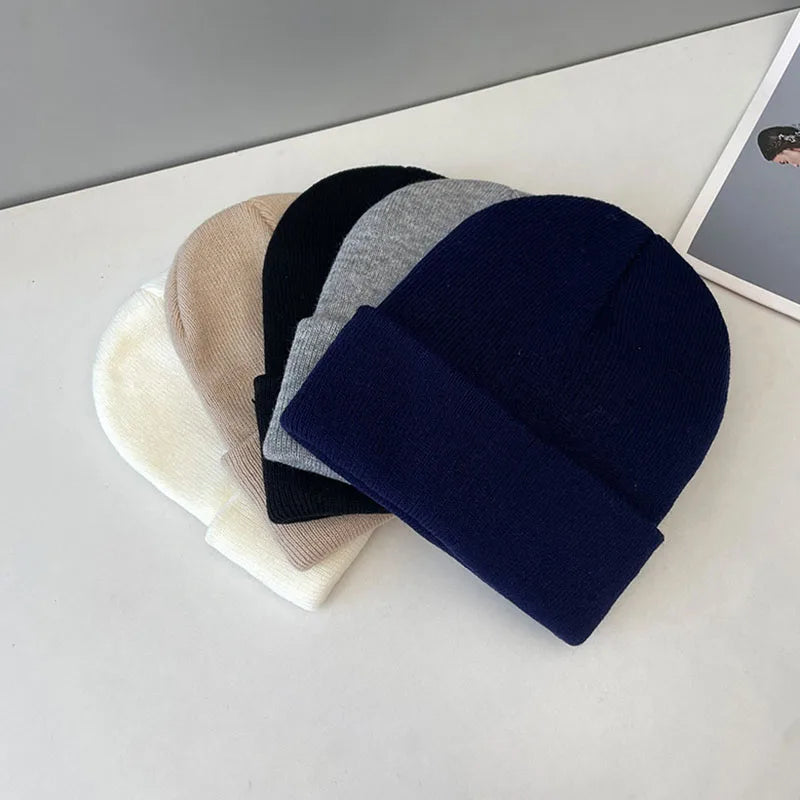 Solid Color Skullies Beanies For Women Men Autumn Winter Warm Woolen Knitted Hat Casual Elastic Skullcap Bonnet Unisex Melon Cap