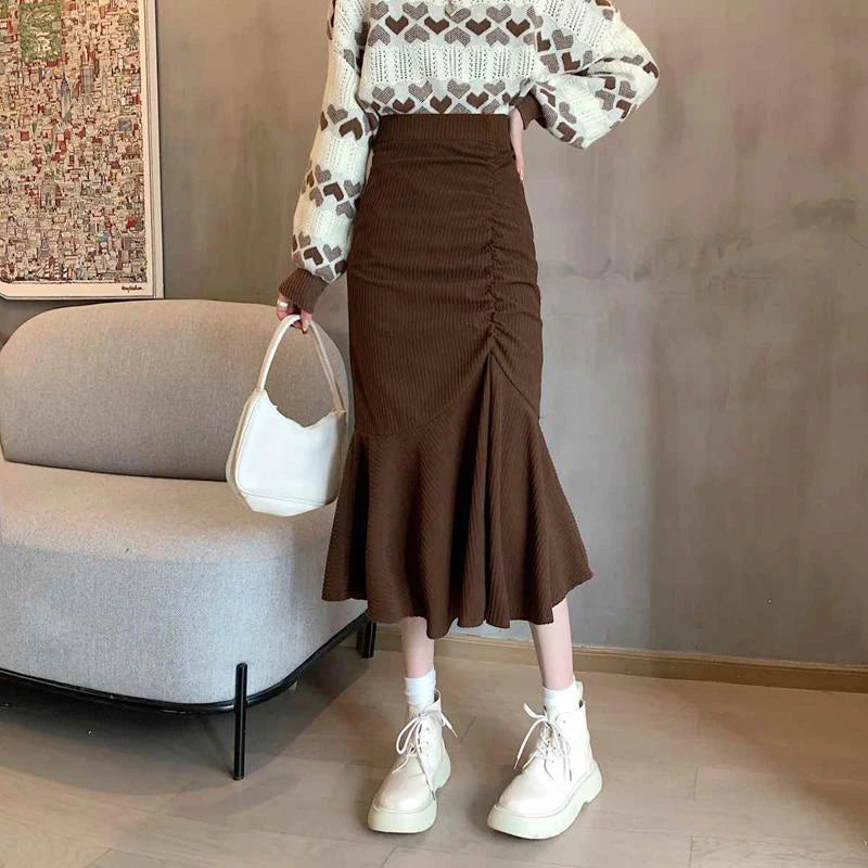 High Waist Midi Skirts for Women  Spring Slim Fit  Hip Mermaid Skirt Woman Korean Ruffles Brown Skirts