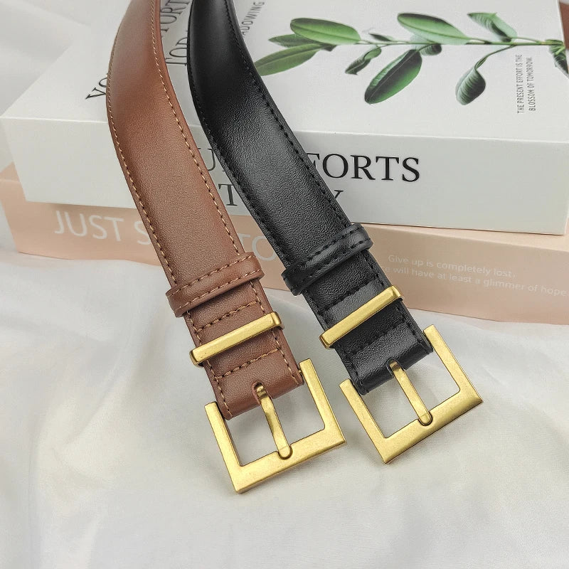 Women Luxury Brand Double Genuine Leather Belt, Casual Cowhide Suede Belts with Square Alloy Buckle for Jeans and Dresses belt