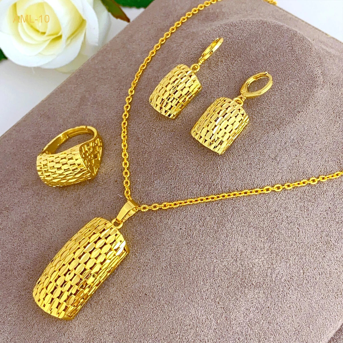 Dubai Gold Color Necklace Sets With Pendant for Women Ethiopian Bridal 3Pcs Jewelry Set Indian Jewellery Party Gifts 24k  indian jewellery