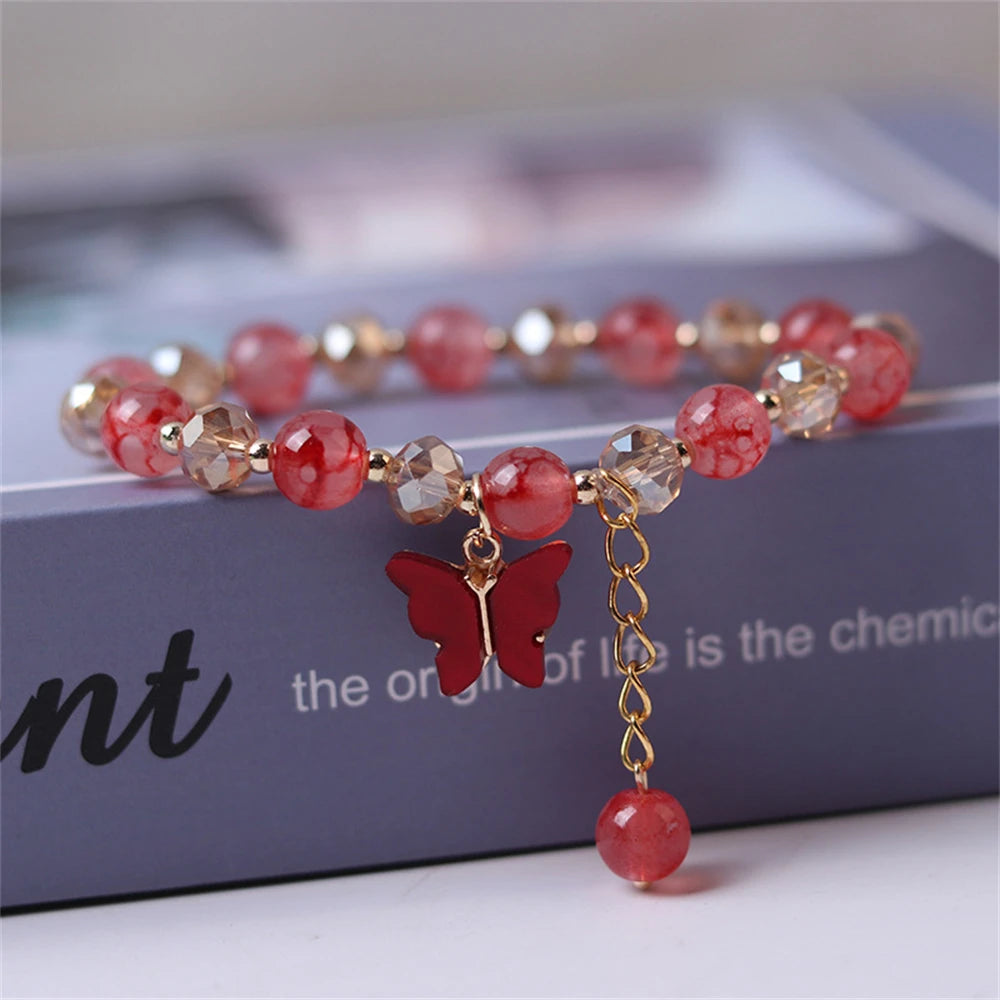 Fashion Butterfly Beaded Bracelets For Women Girls Imitation Jade Bohemian Crystal Charm Elastic Rope Bracelet Hand Jewelry bracelete