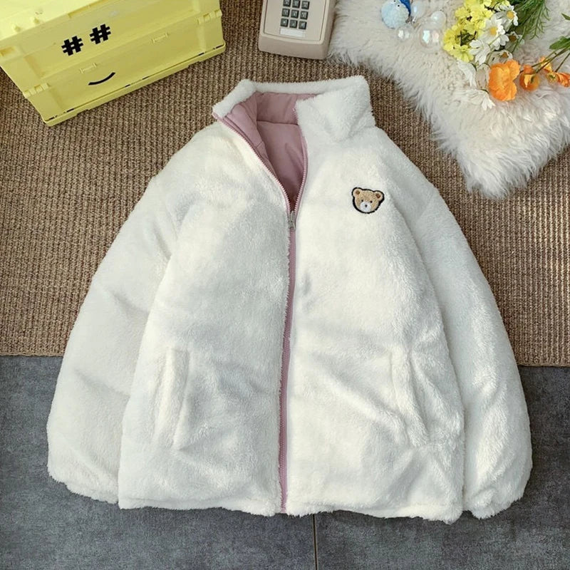 Carino ricamo parka cappotto donne inverno moda spesso sciolto caldo giacca design bifacciale rosa vestiti per studenti