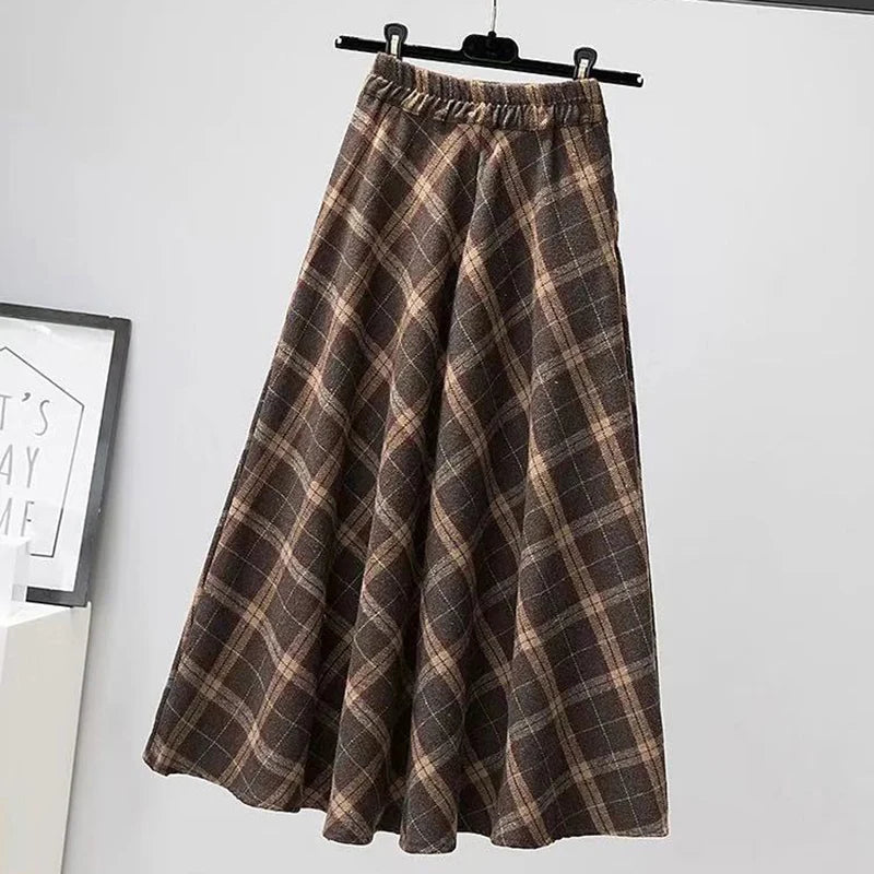 Autumn Winter Woolen Skirt Thick High Waist Long Skirt Woman A Line Pleated Plaid Skirt