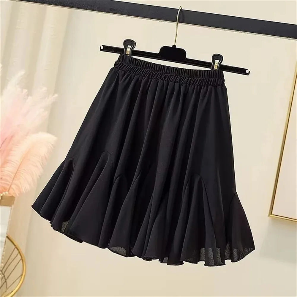 New Ruffled Skirt Elastic Waist Thin Women A-line Pleated Puffy Preppy Style Solid Color skirt