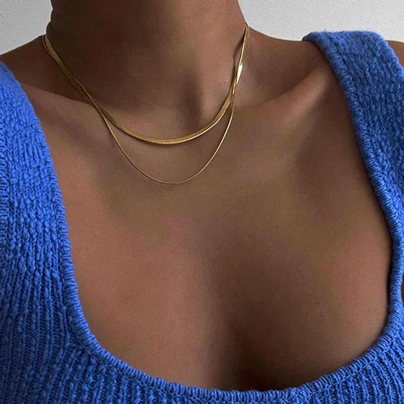 Set Double Layered Necklace 1/3mm Snake Chain Round Flat Chains 316L Stainless Steel Jewelry Lady Accessories Herringbone Choker  necklace