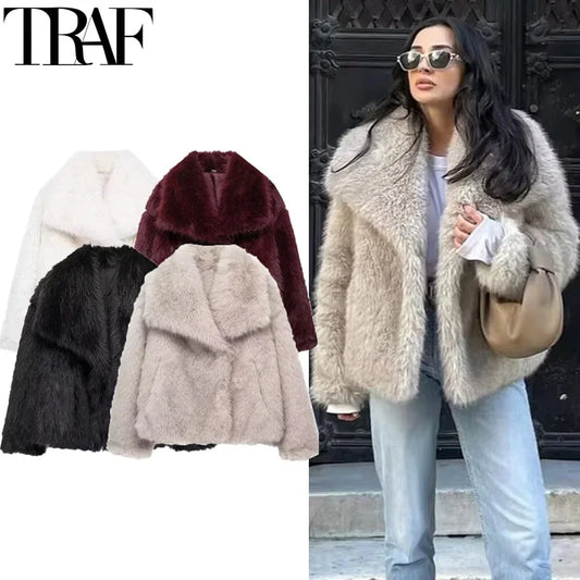 Woman Autumn Winter Faux Fur Coat Plush Fluffy Women's Jacket New in Outerwears White Red Gray Black Wool Blends Coat