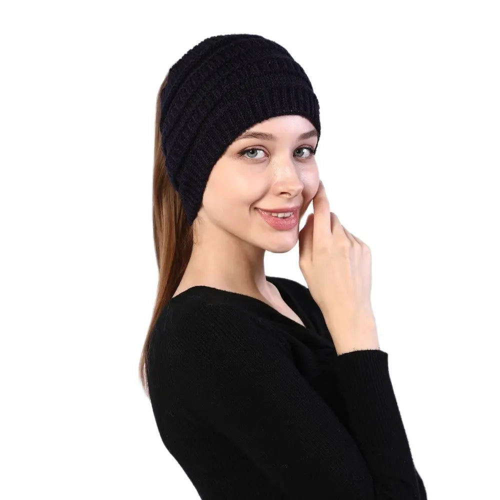 New Women Autumn Winter Ponytail Beanie Hat Solid Color Lady Stretch Knitted Crochet Beanies Hat Cap For Women caps