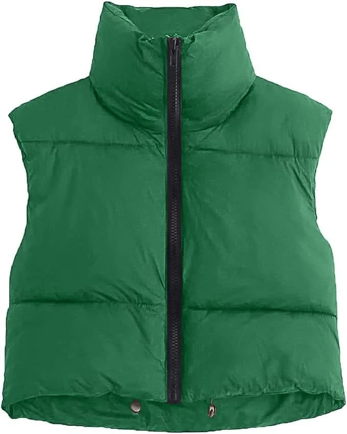 Women's Short Cotton Down Vest Short Stand-up Collar Warm Sleeveless Quilted Vest Outdoor Travel Jacket Tops coat