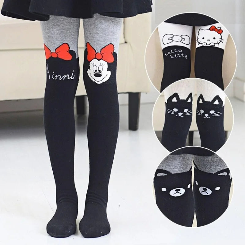 Children Tights for Girls Cotton Knitted Kids Girls Pantyhose Cute Minnie Print Soft Baby Leggings White Black Tight bottoms girls