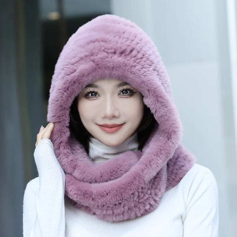 Hot Sale New Women Real Knitted Rex Rabbit Fur Hat Hooded Scarf Long Winter Warm Fur Hat With Neck Collar Scarves Hat Scarf scarf and shawl