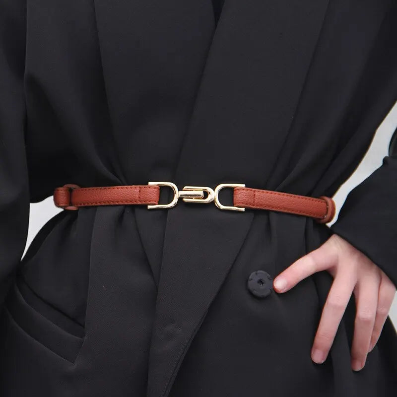 Womens Leather Skinny Belt for Dress Adjustable Thin Waist Belt Dress Belt with Vintage Gold Buckle Faux Leather belt