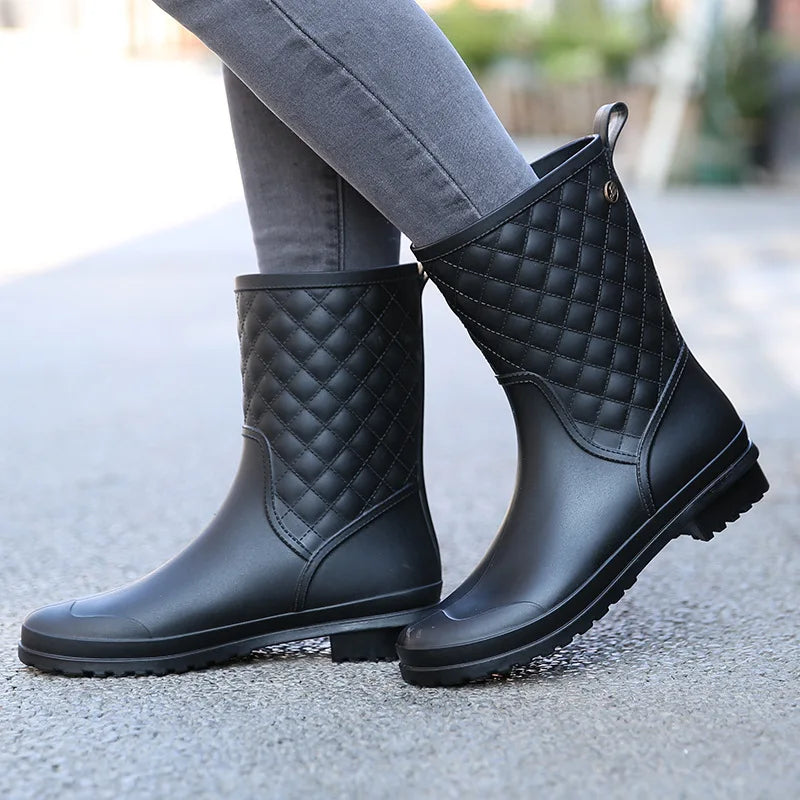 Rain Boots ladies Rubber Warm Shoes New Plaid Casual Rain Boot Water Shoes