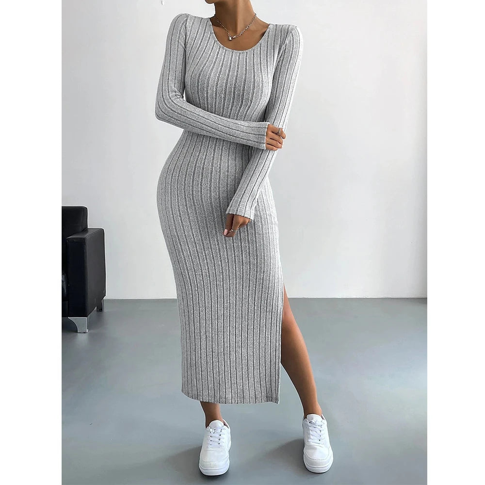 Mia Muse Women's Dresses Autumn French Plain Stripe Split Long Sleeve Scoop Neck Bodycon Full Length Maxi Casual long dress