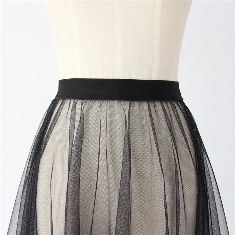 Black White Long Tulle Lace Mesh Skirt Women Petticoat Underskirt Summer Korean Irregular Cover Up Skirt Tutu Skirt