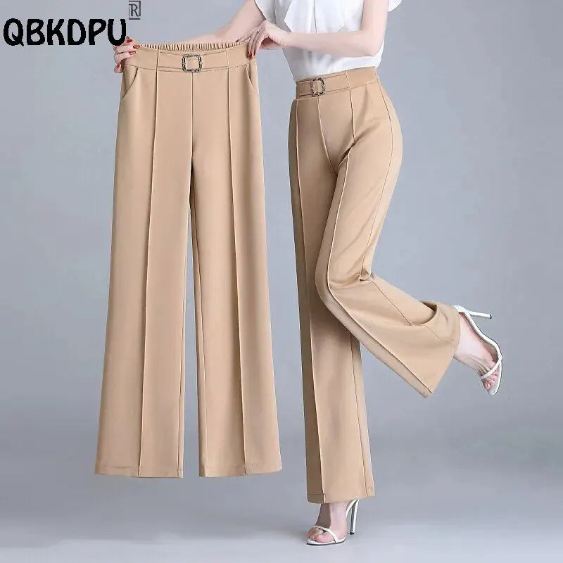 Khaki High Waist Ice Silk Wide Leg Pantalones 2023 Summer Design Mom's Straight Trousers Elegant Elastic Waist Baggy Pants Women bottom