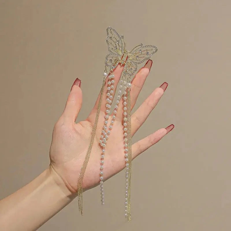 Hollow Butterfly Tassel Hairpin Korean Girl Rhinestone Ponytail Hair Grabber Elegant Pearl Hair Accessories for Women hairclips