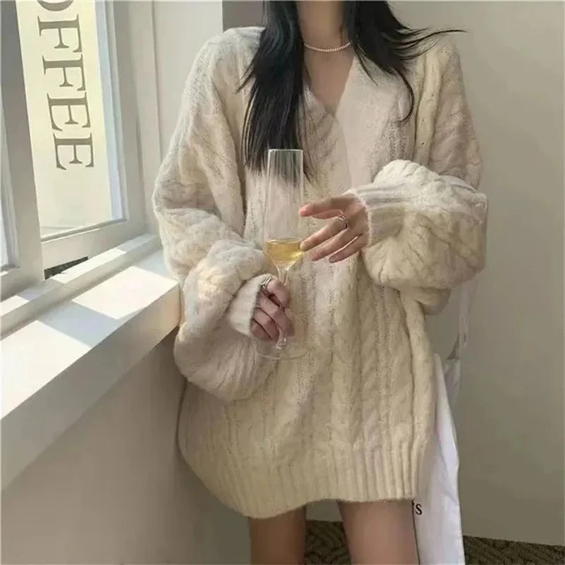 Autumn Winter Women Sweater Harajuku Oversized Knitted Pullovers Korean Long Sleeve V Neck Knitwear Preppy Solid Loose Jumper  sweater