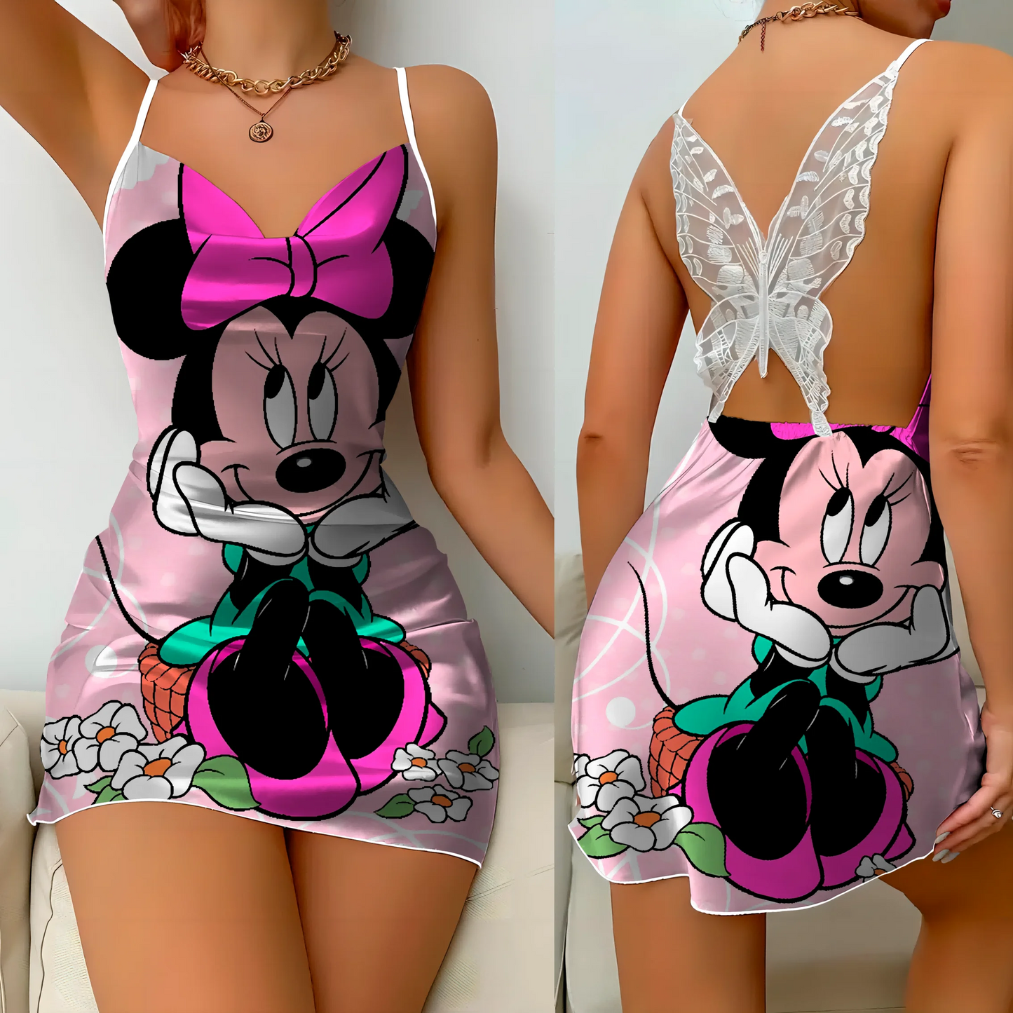 Mini Dress Pajama Skirt Bow Knot Party Dresses Satin Surface Minnie Mouse Disney Mickey Womens Fashion party dress